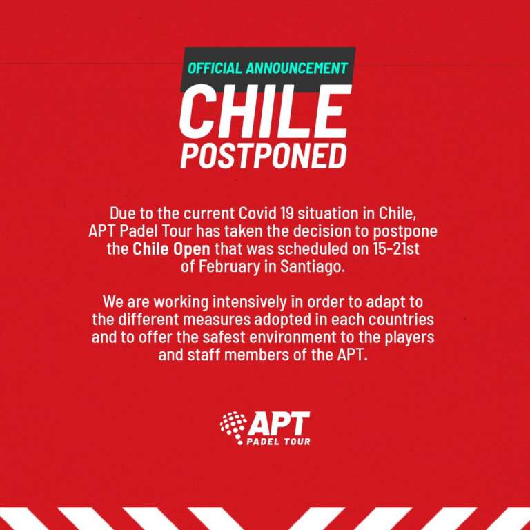 Ripartenza in salita per l’APT Padel Tour: rinviata la prima tappa in Cile (15-21 febbraio) causa covid-19