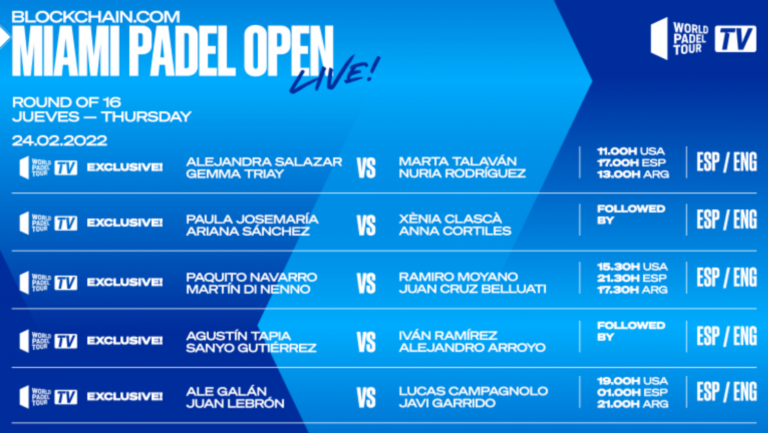 Miami Padel Open: le dirette gratis degli ottavi su World Padel Tour TV